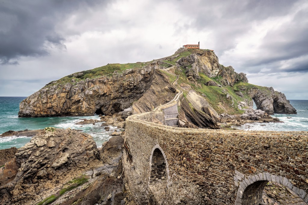 San Juan de Gaztelugatxe is church dedicated to John the Baptis connected to the mainland by a man-made bridge, Bermeo, Basque Country,Spain.